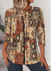Dark Camel Tribal Print 3/4 Sleeve Split Neck Blouse | thumb picture 