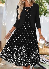 Black Tummy Coverage Floral Print Dress and Cardigan