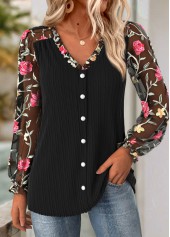 Black Frill Floral Print Long Sleeve V Neck Blouse
