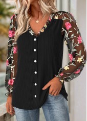 Black Frill Floral Print Long Sleeve V Neck Blouse | thumb picture 