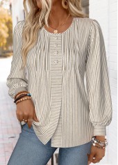 Light Coffee Striped Long Sleeve Round Neck T Shirt