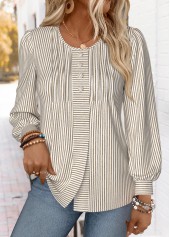 Light Coffee Striped Long Sleeve Round Neck T Shirt | thumb picture 