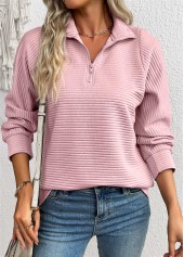 Pink Zipper Long Sleeve Turn Down Collar Sweatshirt | thumb picture 