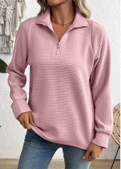 Pink Zipper Long Sleeve Turn Down Collar Sweatshirt