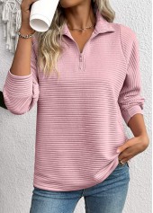 Pink Zipper Long Sleeve Turn Down Collar Sweatshirt | thumb picture 