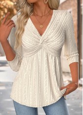 Beige 3/4 Sleeve V Neck T Shirt