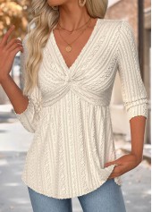 Beige 3/4 Sleeve V Neck T Shirt | thumb picture 