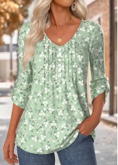 Sage Green Floral Print 3/4 Sleeve V Neck Blouse