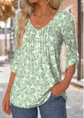 Sage Green Floral Print 3/4 Sleeve V Neck Blouse | thumb picture 