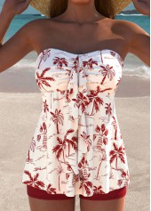Mid Waisted Tropical Plants Print Wine Red Tankini Set