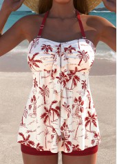 Mid Waisted Tropical Plants Print Wine Red Tankini Set | thumb picture 
