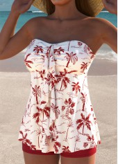 Mid Waisted Tropical Plants Print Wine Red Tankini Set | thumb picture 