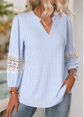 Blue Curved Hem Striped Long Sleeve Split Neck Blouse | thumb picture 