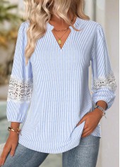 Blue Curved Hem Striped Long Sleeve Split Neck Blouse