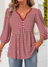 Red Plaid 3/4 Sleeve Split Neck Blouse