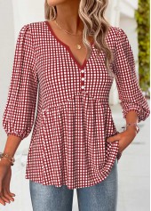 Red Plaid 3/4 Sleeve Split Neck Blouse | thumb picture 