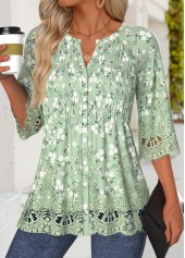Light Green Floral Print 3/4 Sleeve Split Neck Blouse
