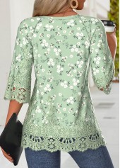 Light Green Floral Print 3/4 Sleeve Split Neck Blouse | thumb picture 