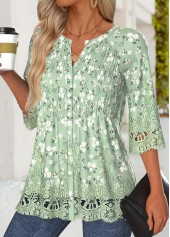 Light Green Floral Print 3/4 Sleeve Split Neck Blouse | thumb picture 