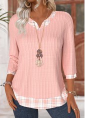 Light Pink Plaid 3/4 Sleeve V Neck T Shirt