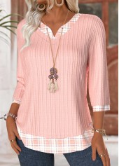 Light Pink Plaid 3/4 Sleeve V Neck T Shirt | thumb picture 