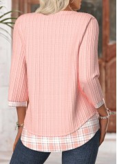 Light Pink Plaid 3/4 Sleeve V Neck T Shirt | thumb picture 