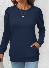 Navy Double Side Pockets Long Sleeve Round Neck Sweatshirt
