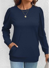 Navy Double Side Pockets Long Sleeve Round Neck Sweatshirt | thumb picture 