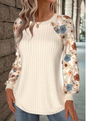 Beige Floral Print Long Sleeve Round Neck Sweatshirt | thumb picture 