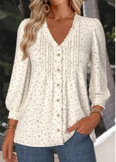 Beige Floral Print Long Sleeve V Neck Blouse