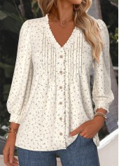 Beige Floral Print Long Sleeve V Neck Blouse | thumb picture 