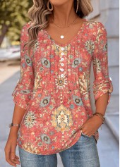 Coral Tummy Coverage Tribal Print Long Sleeve Blouse