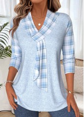 Light Blue Plaid 3/4 Sleeve V Neck T Shirt