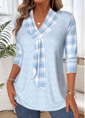Light Blue Plaid 3/4 Sleeve V Neck T Shirt | thumb picture 