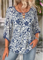 Navy Tummy Coverage Tribal Print 3/4 Sleeve Blouse | thumb picture 