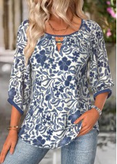 Navy Tummy Coverage Tribal Print 3/4 Sleeve Blouse