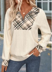 Beige Zipper Plaid Long Sleeve Sweatshirt