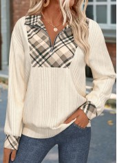 Beige Zipper Plaid Long Sleeve Sweatshirt | thumb picture 