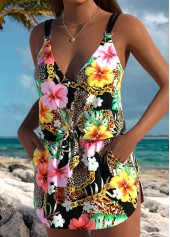 Floral Print Black One Piece Swimdress