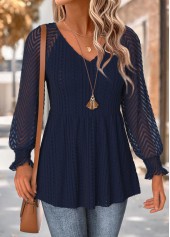 Navy Peplum Long Sleeve V Neck T Shirt | thumb picture 