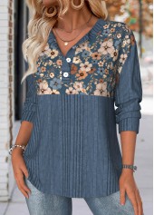 Peacock Blue Floral Print Long Sleeve Split Neck Sweatshirt | thumb picture 