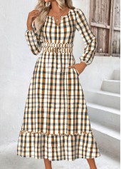 Beige Plaid Long Sleeve Split Neck Dress | thumb picture 