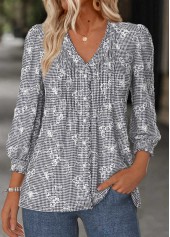 Black Tummy Coverage Plaid Long Sleeve V Neck Blouse