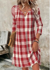 Red Tummy Coverage Plaid Short Long Sleeve Dress