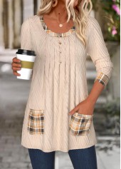 Light Camel Tummy Coverage Plaid Long Sleeve T Shirt