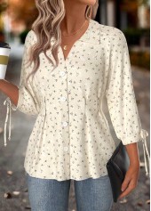 Beige Bowknot Ditsy Floral Print 3/4 Sleeve Blouse | thumb picture 