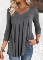 Grey Pleated Long Sleeve Split Neck T Shirt