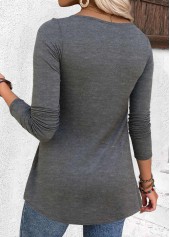 Grey Pleated Long Sleeve Split Neck T Shirt | thumb picture 