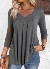 Grey Pleated Long Sleeve Split Neck T Shirt | thumb picture 