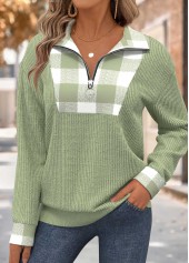 Sage Green Tummy Coverage Plaid Long Sleeve Sweatshirt